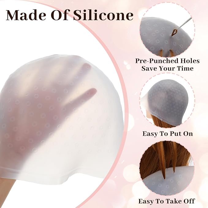 Self-Punching Silicone Highlight Cap for Hair 4pcs Silicone Professional Reusable Hairdressing Dyeing Staining Tools for Bleach, Includes Dye Brush Single-Sided Brushes & Double-Sided Brush