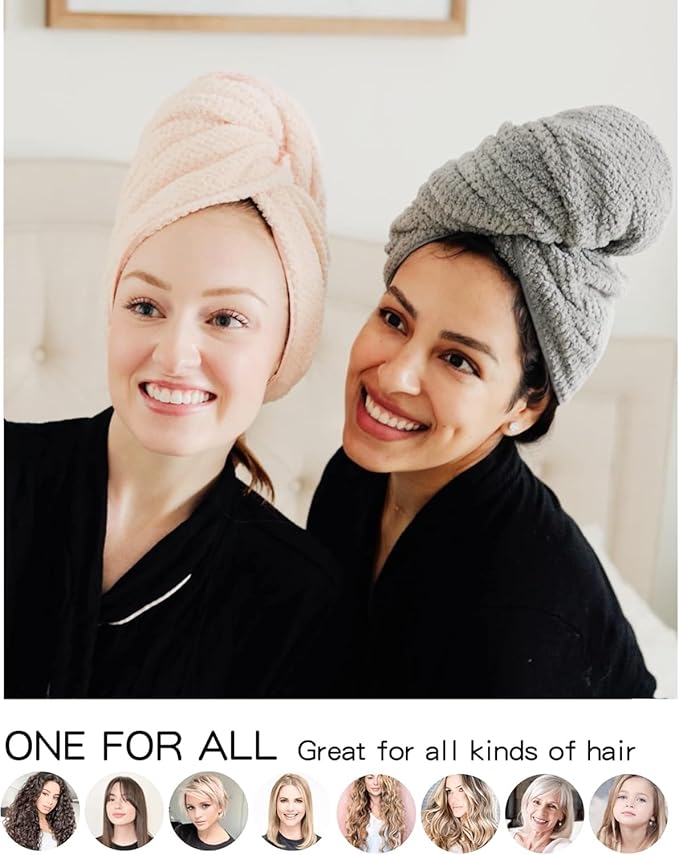 Microfiber Hair Towel Wrap Turban 2 Pack Large | Super Absorbent Quick Dry & Anti-Frizz for Women with Curly Hair | 27.5" x 39.4" Hair Towel Cap