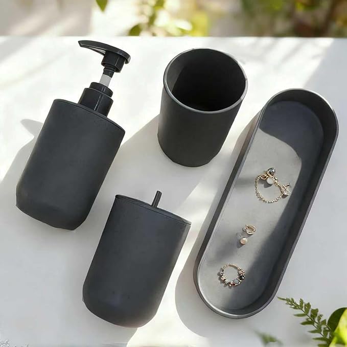 LGURT 4-Piece Dark Gray Plastic Bathroom Accessory Set, Lotion Soap Dispenser, Tumbler, Cotton Swab Cup & Vanity Tray (7.87" × 2.56") – Modern Home Decor for Apartment, Dorm & Guest Bath