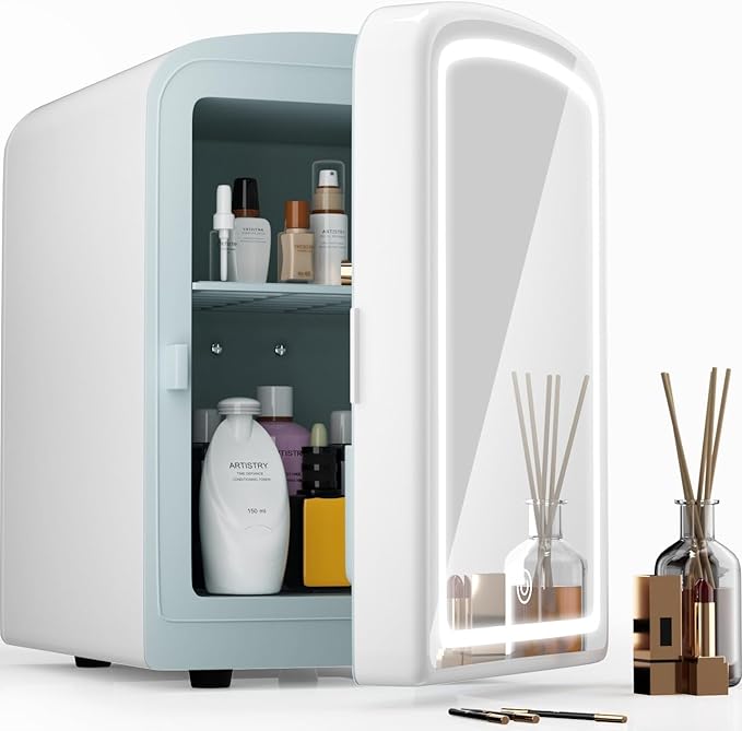 COYCYQI 4L Mini Skincare Fridge with Dimmable LED Mirror, Portable Beauty Refrigerator for Makeup, Cosmetic, Personal Small Refrigerator with Cooler and Warmer for Bedroom, Office and Car(Pearl White)