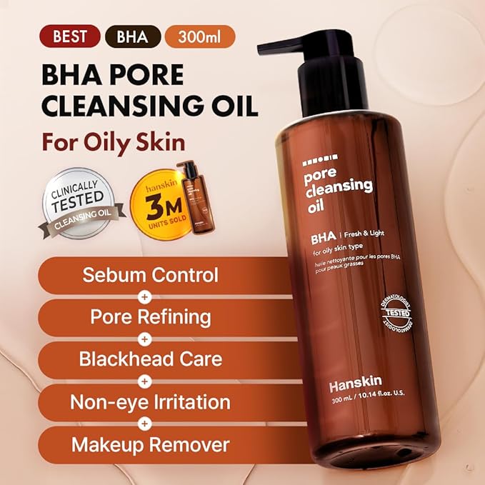 Hanskin BHA Pore Cleansing Oil - Korean Deep Pore Cleansing Makeup & Sebum Remover XL for Oily & Combination Skin, Lightweight Double Cleansing Oil, 10.14 oz