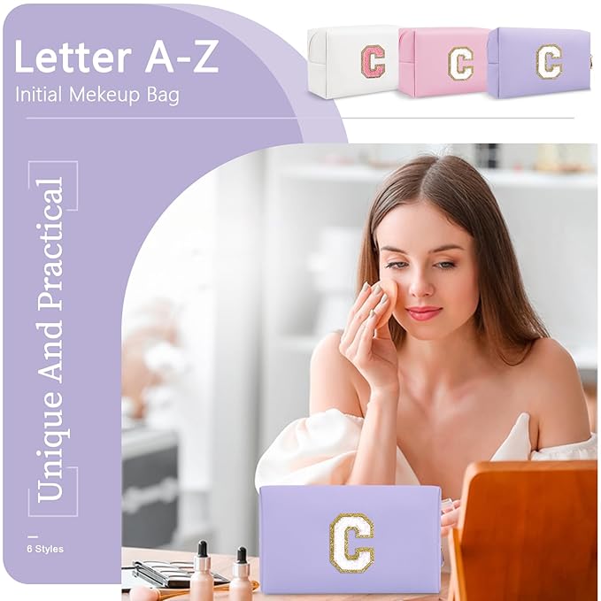 Personalized Makeup Bag Initial A-Z Preppy Patch Bag,Small PU Leather Travel Cosmetic Bag Pouch with Zipper,Purple Cute Toiletry Bag,Gift Ideal for Teen Girls Women Birthday Friend Mom,Latter C