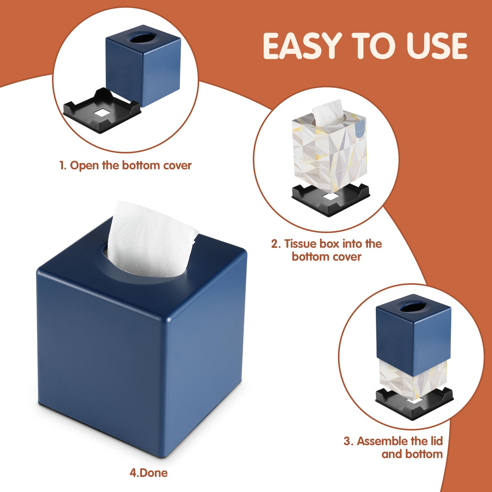 Y-in Hand Tissue Box Cover, Square Facial Cube Tissue Box Holder, Storage Accessories for Bathroom Vanity, Bedroom Countertops, Dressers, Night Stand, Parlors and Offices - Navy Blue