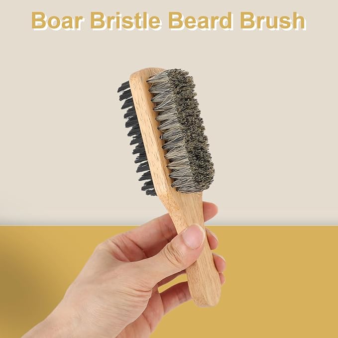 Brrnoo Double Sided Beard Brush, Imitation Bristle with Rubber Wood Handle for Men, Mustache Brush, Beard Grooming Tool - Brown