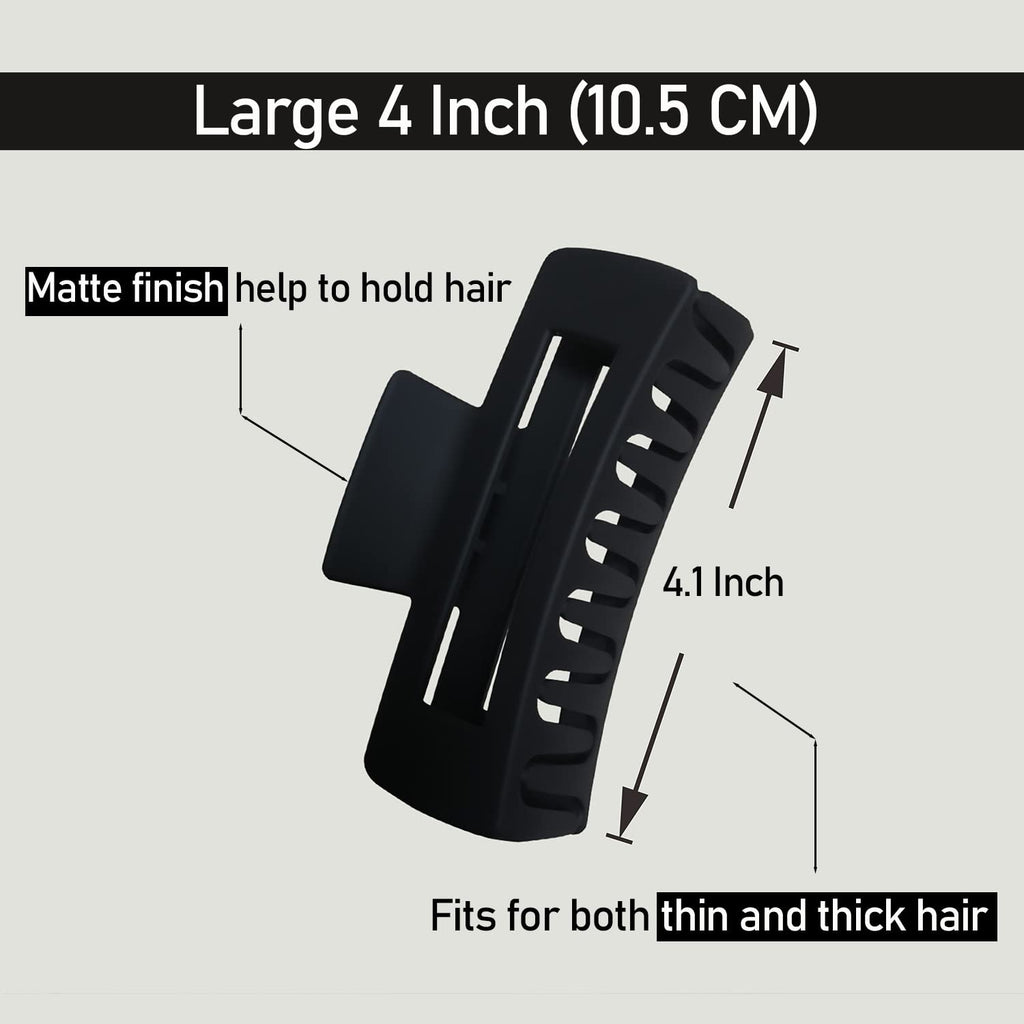 Nalodu Rectangle Hair Claw Clips Large 4 Inch Matte Square Clear No Slip Big Jaw Clip Multi-Colored for Thick Hair Women, 6 Pack