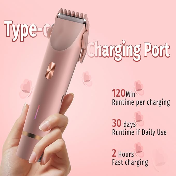Bikini Trimmer for Women, 2 in 1 Electric Razor & Bikini Shaver for Womens IPX7 Waterproof Body Hair Trimmer and Facial Hair Remover,Pink