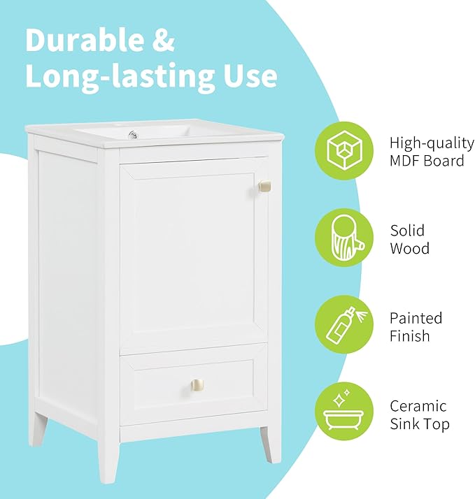 Bellemave 20-inch Solid Wood Bathroom Vanity with Sink, Free Standing Cabinet, Soft Closing Door, Storage Rack, Drawer (White)