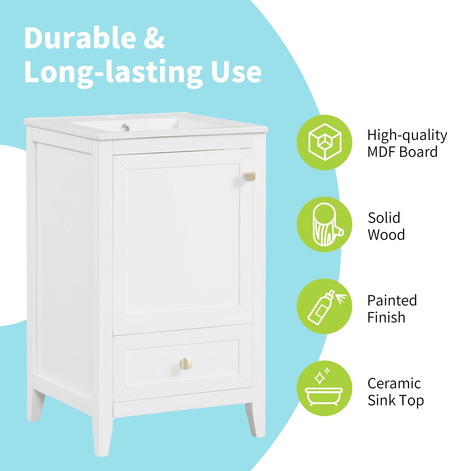 Bellemave 20-inch Solid Wood Bathroom Vanity with Sink, Free Standing Cabinet, Soft Closing Door, Storage Rack, Drawer (White)