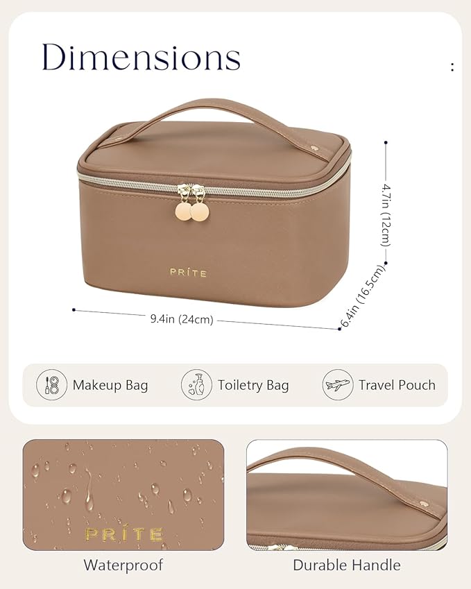 Prite Makeup Bag, Large Capacity Cosmetic Bag for Women and Girls, Waterproof PU Leather Travel Makeup Case, Toiletry Organizer with Handle and Divider for Skincare and Brushes - Brown