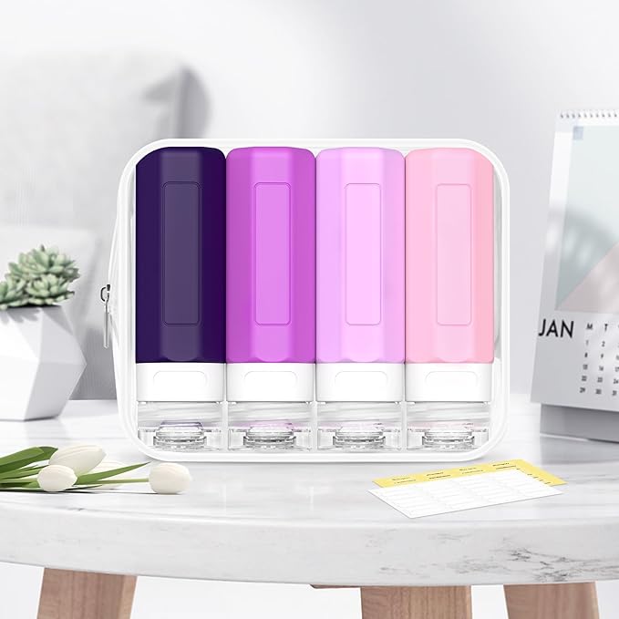 Redfly Travel Bottles for Toiletries, Tsa Approved 3oz Travel Size Containers, Leak Proof Travel Size Toiletries Bottles Silicone, BPA Free Refillable Shampoo Conditioners Essentials Kit, Purple