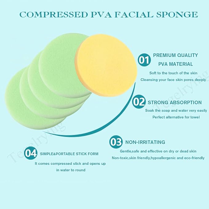 Tegelrying Facial Sponge Compressed,60 Pcs PVA Professional Makeup Removal Wash Round Face Sponges Spa Pads Exfoliating Cleansing for Women,Yellow,Green