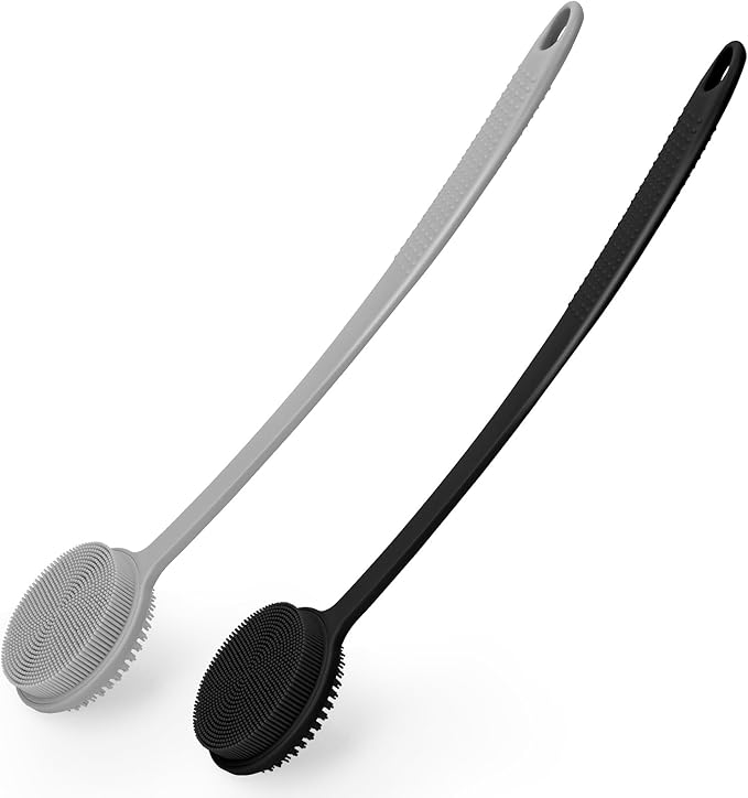 2 Pack Back Scrubber for Shower, 17in Lengthen Long Handle Body Brush, Double Sided Shower Brush for Shower Exfoliating and Massage Can Produce Rich Foam, Long Handle Back Scrubber for Men