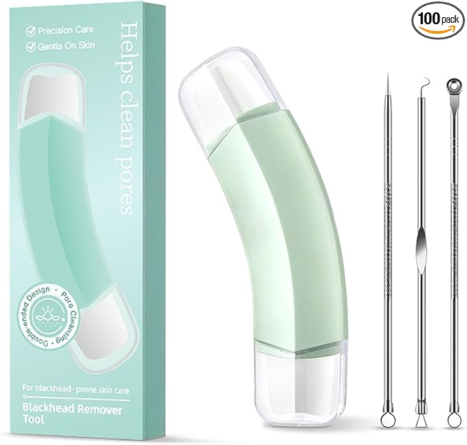 HUGJOG Manual Blackhead Remover Tool, Ergonomic Dual-Head Blackhead Scraper with 3-Piece Stainless Steel Extractor Needle Kit, Pore Cleaner Skin Care Tools for Face and Nose