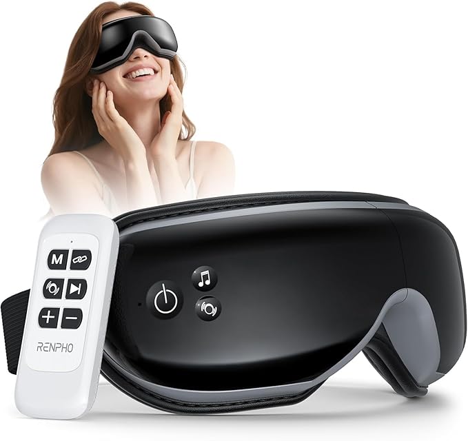 RENPHO Eye Massager with Heat, FSA Eligible HSA,Gifts for Men,Women,Eyeris 1 Eye Massager with Remote, Sleep Mask for Relieves Head Tension, Soothe & Refresh, Enhance Rest, Black