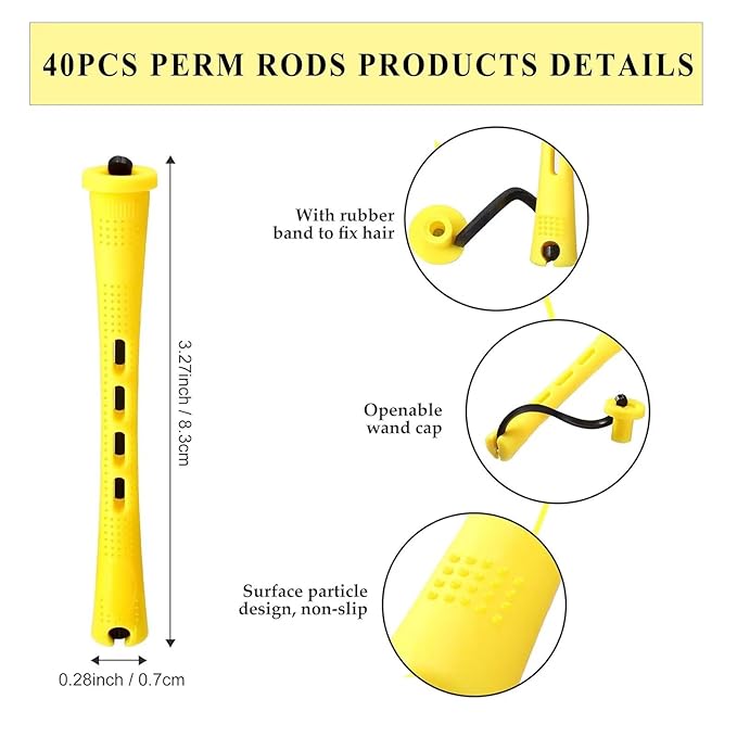 Meigick Perm Rods Set for Natural Hair 40Pcs Yellow Plastic Cold Wave Rods Hair Curling Rollers Small Size 0.28 Inch For Short Long DIY Hairdressing Styling