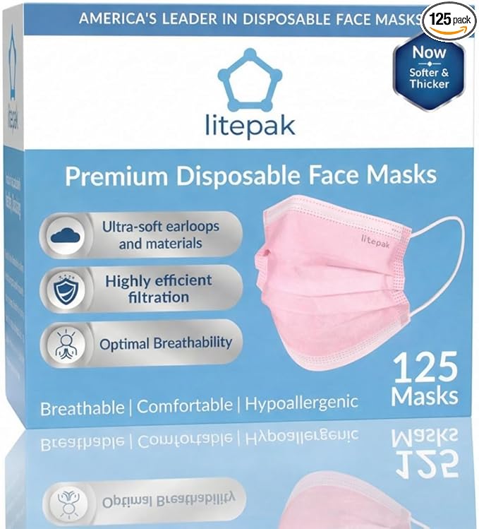 Litepak 125-Pack Disposable Face Mask Premium Comfort Earloops with Dispenser Box (Pink)