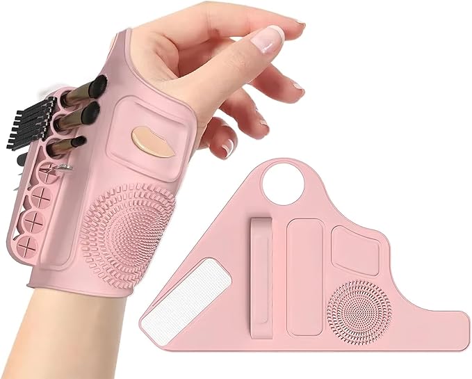 Ylapagne Makeup Mixing Palette Wristband, Silicone Makeup Brush Travel Case, Professional Cosmetic Display Cases Tools Strap for Pigment Makeup Art Nail Palette, Easy Cleaner(Pink)