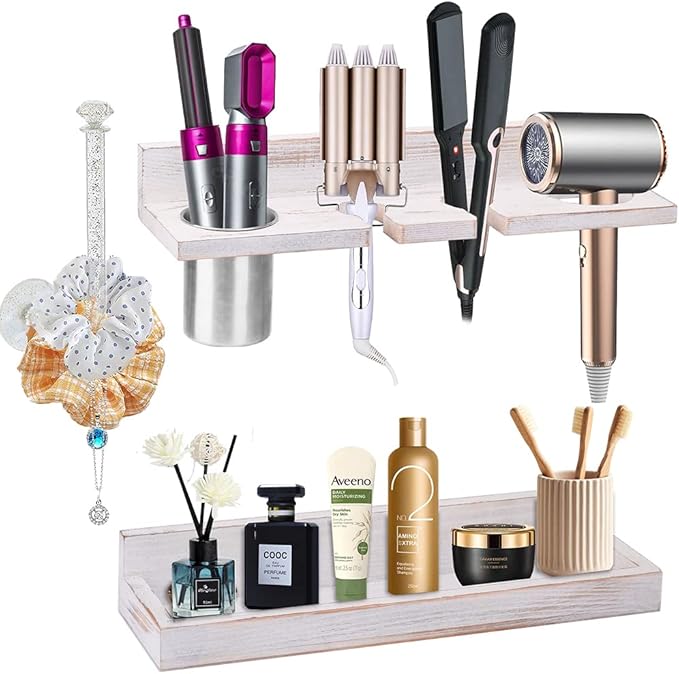 Hair Tool Organizer Wall Mount Holder, Set of 2 Layer Rustic Blow Dryer Holder, Hair Product Organizer Wooden Storage for Hair Dryer, Curling Iron, Hot Tools, Vanity Accessories, Makeup, Toiletries