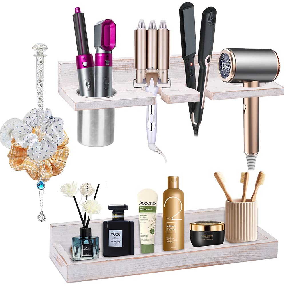 Wall Mount Hair Tool Organizer, 2 Tier Rustic Wooden Blow Dryer Holder