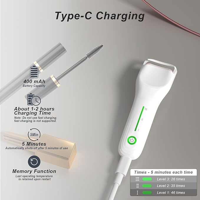 Heated Eyelash Curler for Women, Type-C Rechargeable with 3 Temp Settings & Silicone Pad for Natural C Curl, Travel-Friendly Heated Lash Curler (White)