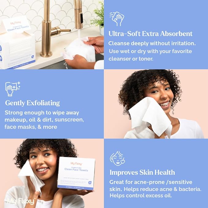 Disposable Biodegradable Face Towels XL for Skin Care & Makeup Remover Dry Wipes, Clean Facial Towel, Hypoallerganic Wash Cloth, Clean Face Towels, Ultra Soft & Absorbent Dry Wipe, Hygienic Towelettes