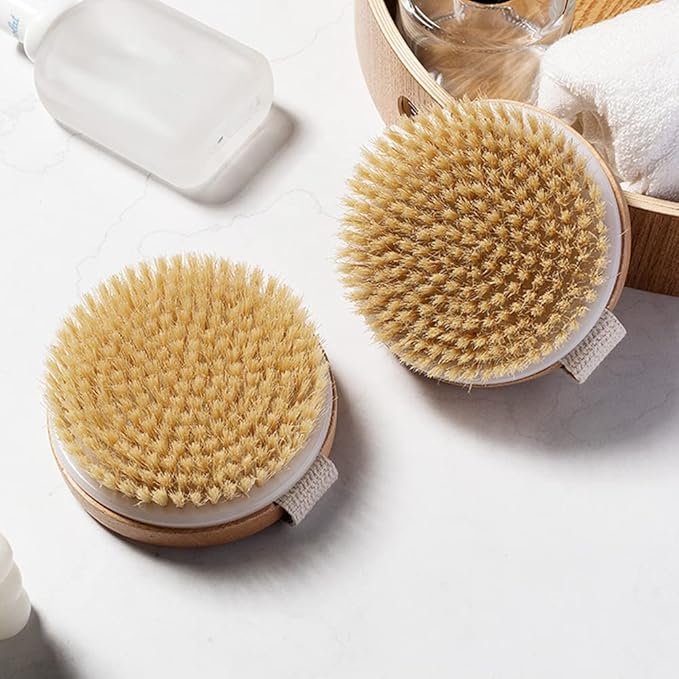 HiKin Round Wooden Natural Bristles Dry Bath Body Brush, Dia4.3” Handheld Shower Brush Back Scrubber for Exfoliating, Cellulite and Detox, etc.