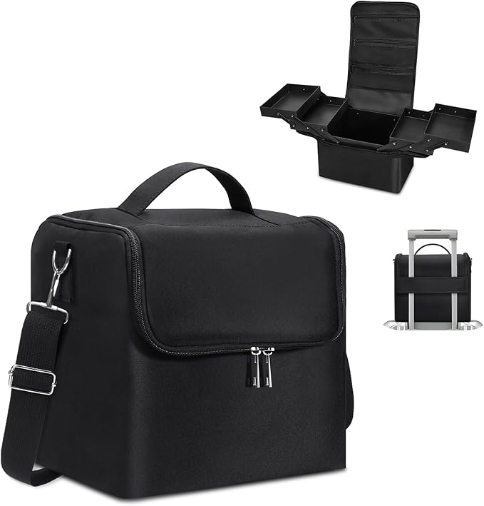 Large Makeup Carrying Train Case for Women, 4 Tier Travel Bag Box, Black