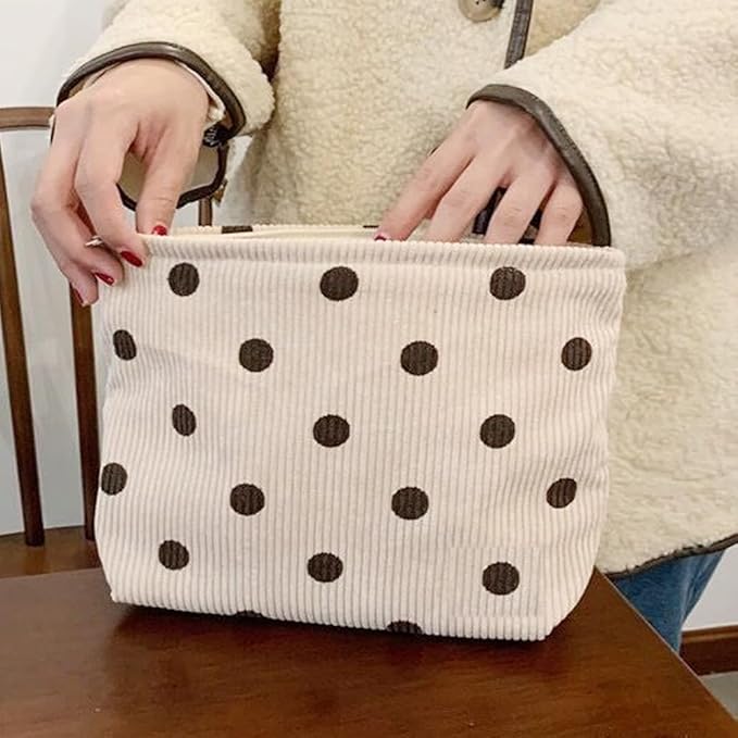 SxoSyo Corduroy Makeup Bags, Polka Dot Cosmetic Bag for Purse, White
