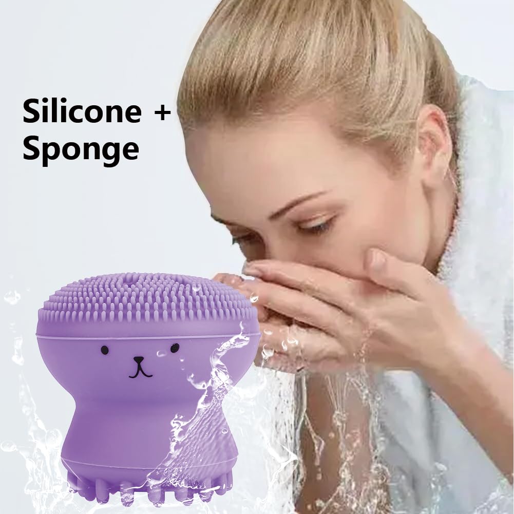Facial Cleansing Brush Jellyfish Exfoliating Face Brush Handheld Massaging Cute Small Octopus Shape Facial Scrubber Spin Cleanser Massage Baby Shampoo Brush Exfoliate Skin for Men Women(púrpura)