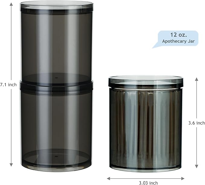 SheeChung 2-Pack Stackable Black Qtip Holder - 12oz Large Acrylic Apothecary Jars with Storage Lids - Modern Bathroom Vanity Organizer Set for Cotton Swabs, Balls, Pads - Translucent Black