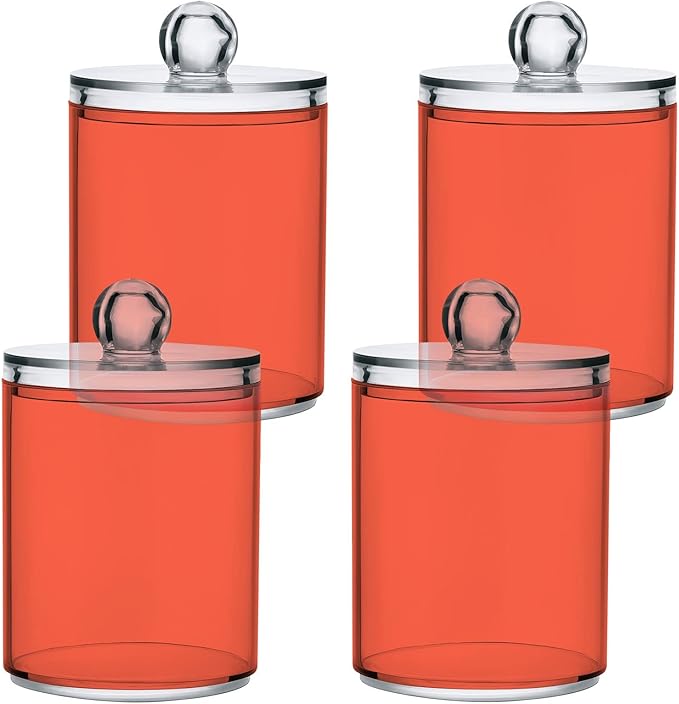 Tomato Red Qtip Holder Organizer Dispenser Cotton Swabs Cans Plastic Jars with Lid Set 2 Pack Bathroom Storage Canister for Cotton Ball Floss Cotton Pads