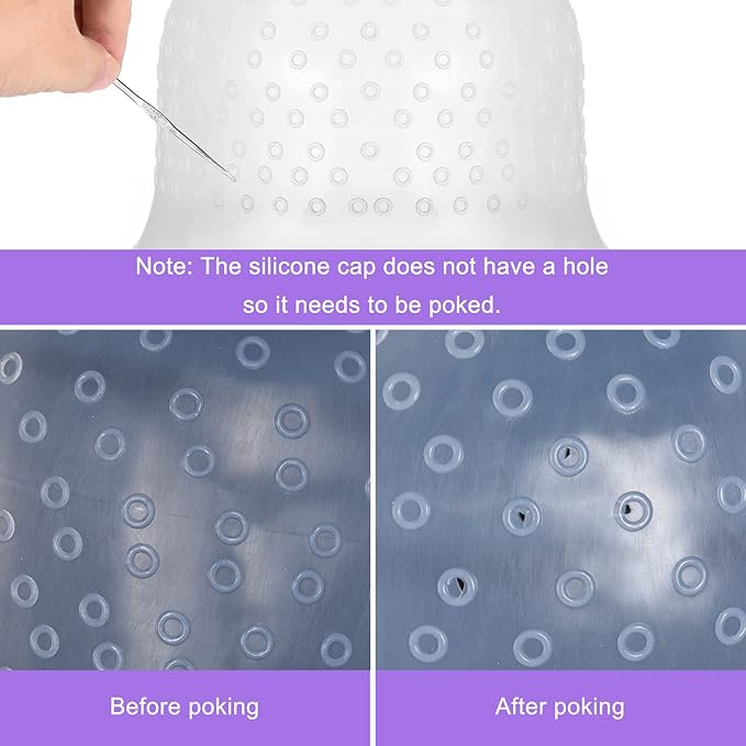 FRIUSATE Hair Coloring Highlighting Cap, 8 Pieces Hair Highlighting Kit, Silicone Highlight Cap Pull Through Caps Hair Coloring Frosting Cap with Hook, Cape, Brush, Gloves and Ear Covers for Women Men