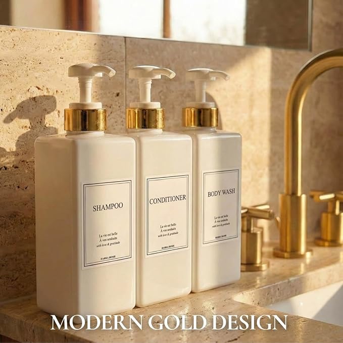 Modern Gold Design Shampoo and Conditioner Dispenser - Large 27oz Shower Soap Dispenser, Set of 3 Refillable Empty Plastic Pump Bottles for Bathroom and Body Wash (6 Waterproof Labels Included), White