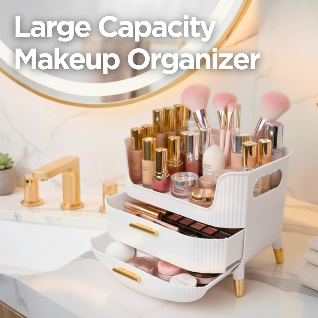 HALAFE Makeup Organizer with Drawers, Skincare Storage Box for Vanity, Multiple Compartments, Portable Cosmetic Display Case with Handle, Large Make up Organizers for Dresser, Bathroom, Bedroom, White
