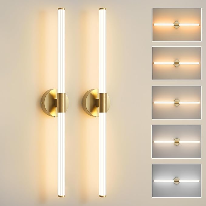 Glod Wall Sconces Set of 2 Hardwired, Dimmable 5CCT LED Bathroom Light Fixtures Over Mirror, 360° Full Lighting 31" Long Vanity Light Bar Modern Wall Sconce for Bathroom Bedroom Living Room