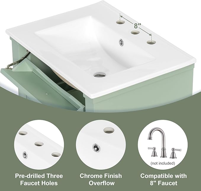 Harper & Bright Designs 24" Bathroom Vanity with Sink, Free Standing Bathroom Vanity Set with Flip Drawer, 2 Drawers, and Adjustable Shelf, Wood Storage Cabinet with Ceramic Basin for Bathroom, Green
