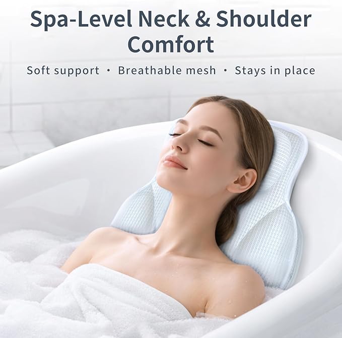 Wnfou Thickened Anti-Slip Bath Pillow for Tub, 88 Powerful Suction Cups, 5D Mesh Fabric, Ergonomic Head Neck Back Support, Quick Drying and Machine Washable, Luxury Spa Gift for Women