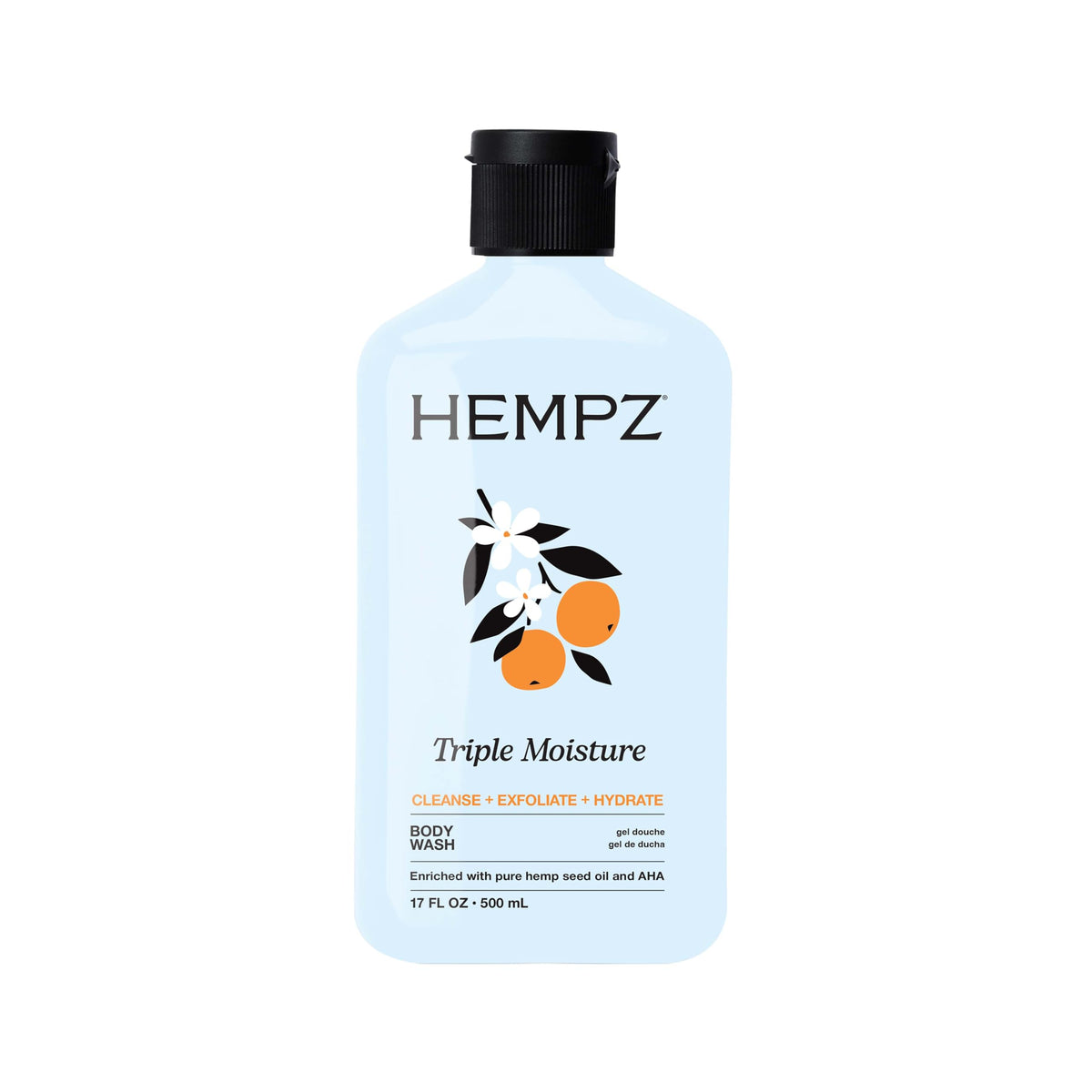 Hempz Triple Moisture Body Wash - Grapefruit & Peach - Hydrating for Sensitive Skin, Scented, Exfoliating with Shea Butter, Pure Hemp Seed Oil, and Algae for Sensitive Skin - 17 fl oz