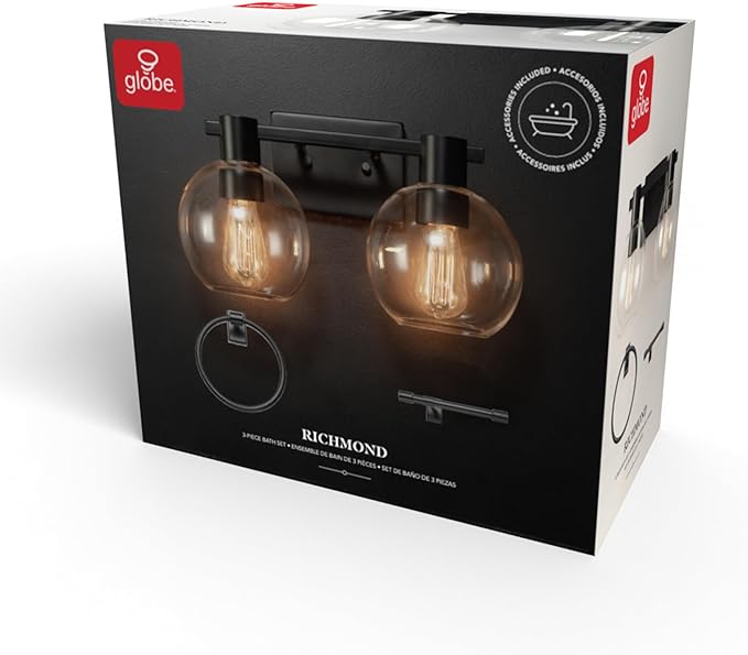 GLOBE Electric 63000057 3-Piece All-in-One Bathroom Set, Matte Black, 15" 2-Light Vanity Light, Clear Glass Shades, Toilet Paper Holder, Towel Ring, Bathroom Lights Over Mirror, Powder Room Lighting