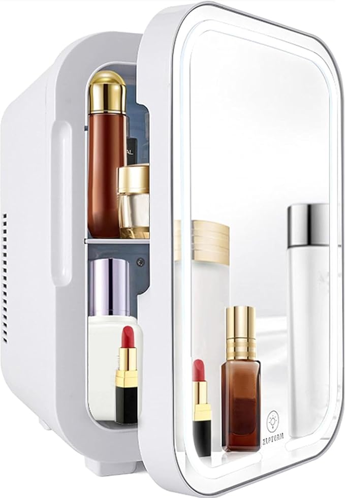 ZLPTEAM Mini Fridge with Mirror Door & Adjustable LED Lights - 8L Cosmetic Skincare Fridge for Bedroom,Dorm,Mini Car Refrigerator Portable Quiet Cooling,Gift for Women