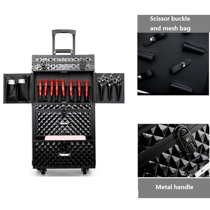 CNCEST Beauty Salon Luggage, Rolling Lockable Hair Stylist Travel Case Hairdressing Trolley Stylist Beauty Salon Cosmetic Luggage Travel Organizer Tool Box with Hair Dryer Holder