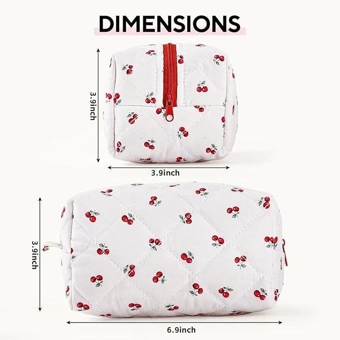 MZLUWM Floral Makeup Bag,Floral Quilted Makeup Pouch,Large Cosmetic Bag,Fashionable Travel Makeup Pouch, Cute Cherry Make up Bag,Puffy Coquette Makeup Bag, Attractive Quilted Make up Bag