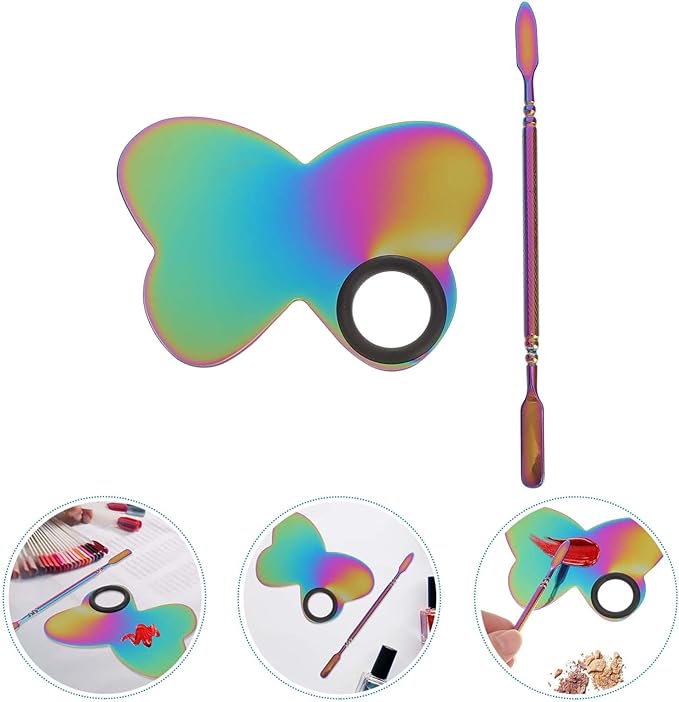 KALLORY Butterfly Nail Art Palette with Stainless Steel Makeup Spatulas for Cosmetic and Nail Color Mixing at Home or Salon