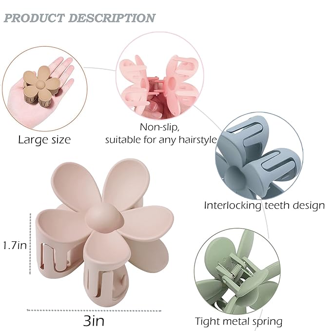 Flower Hair Clips 8PCS, Large Claw Clips for Women Girls Thick Thin Hair, Strong Hold Nonslip Big Dasiy Jaw Clamps Matte Hair Accessories 8 Colors