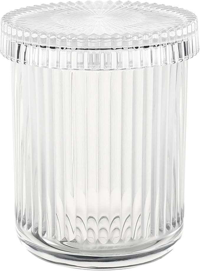 rejomiik Glass Qtip Holder Dispenser, Bathroom Canister Apothecary Jars with Lids, Vanity Makeup Accessories Storage Organizer for Cotton Swabs, Cotton Balls, Pads, Floss Picks, Clear
