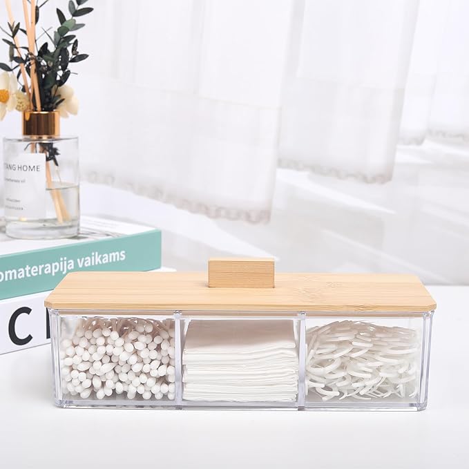 Sohalejr Wood Qtip Holder 3 Compartments Cotton Ball and Swab Holder Organizer with Lid,Jar for Cotton Rounds,Bathroom Containers,Clear Acrylic Desk Organizer for Makeup Pads,Cosmetics Bedroom