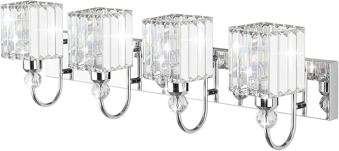 Ralbay Chrome Crystal Vanity Light 4-Lights 31.5'' Modern Bathroom Wall Lighting Over Mirror