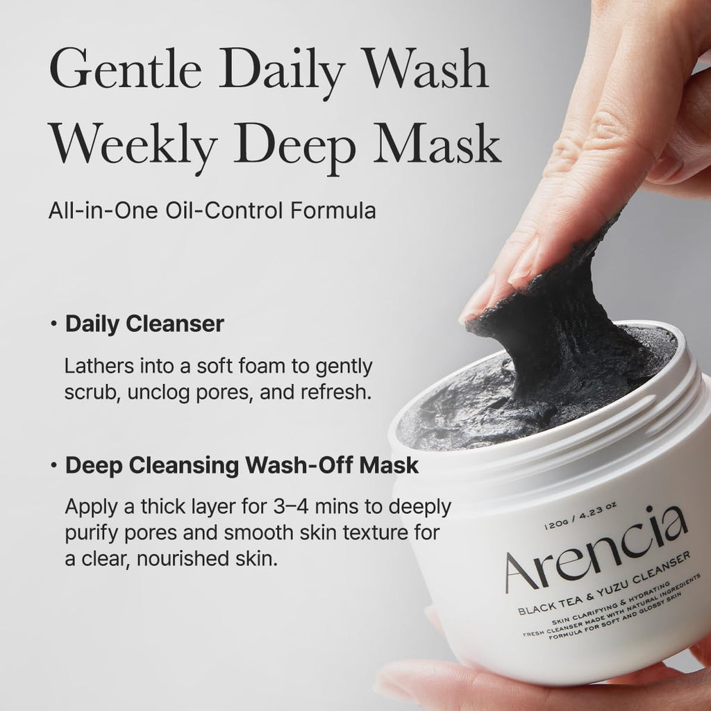 Arencia Black Tea Rice Mochi Face Cleanser, Deep-Cleansing, Pore Care, Sebum Control, Oily Skin 120g (4.23 oz)