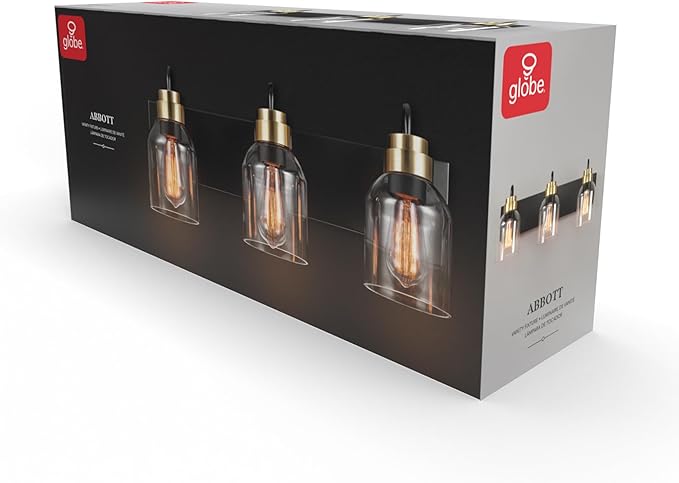 Globe Electric 22" 3-Light Matte Black Vanity Light with Matte Brass Accents and Glass Shades