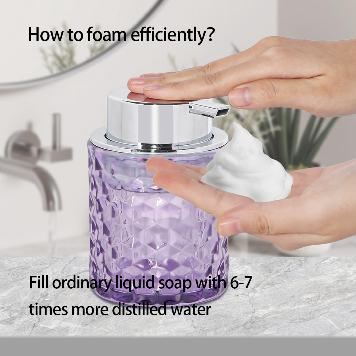 Fvstar 10 Oz Glass Hand Soap Dispenser with Pump, Refillable Bathroom Gold Foaming Soap Dispenser, Vintage Glass Diamond Lotion Container Bottle for Bathroom and Kitchen (1, Purple and Silver)